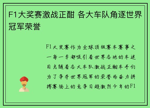 F1大奖赛激战正酣 各大车队角逐世界冠军荣誉